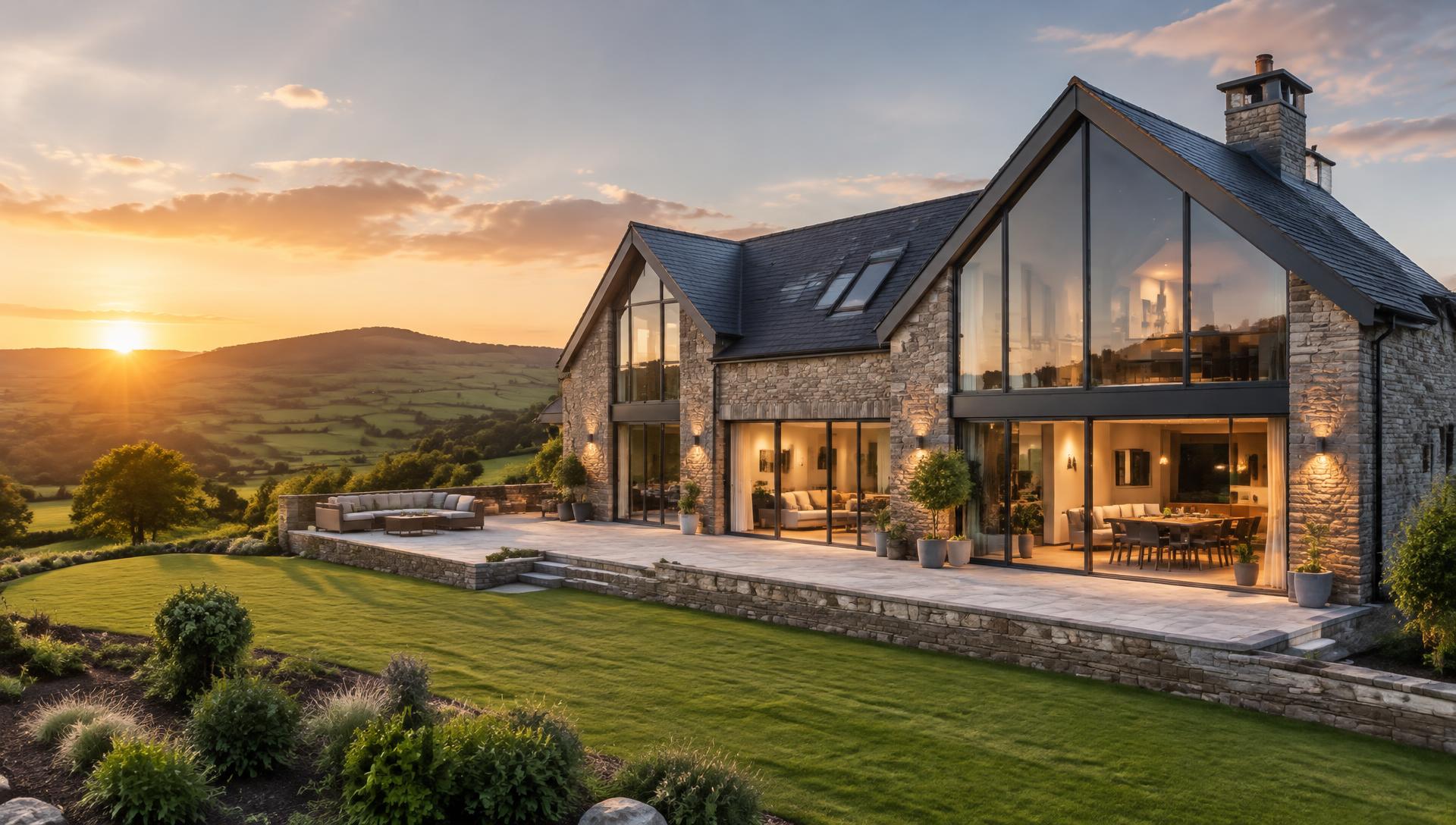 Stone and glass new-build home at sunset